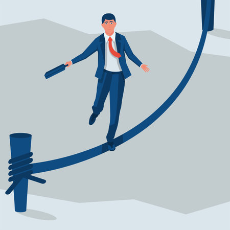 Business risk rope. Businessman walking on tightrope gap in rocks. Way to success. Obstacle on road. Vector flat design. Isolated on white background. Success in business concept.のイラスト素材