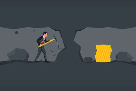 Man mines money. Heavy work for income. Vector illustration flat design. Isolated on white background. Man with a pickaxe in a cave. Close to goal.のイラスト素材
