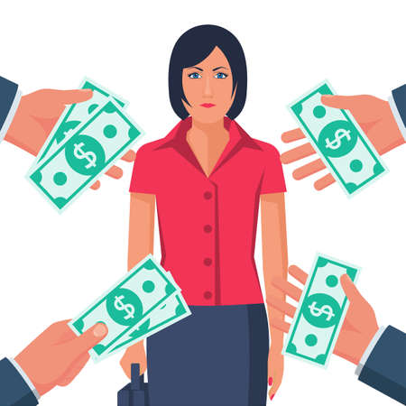 Popular specialist. Many suggestions. People keep money in hands. Businesswoman professional. High skill. Competition for an employee. Vector illustration flat design. Isolated on white background.のイラスト素材