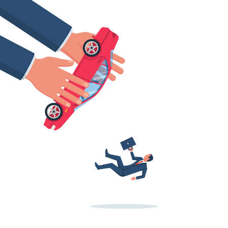 Confiscated car. The collector takes the car from a businessman. Eviction notice. Vector illustration flat design. Isolated background. Credit debt. The man leaves the auto.のイラスト素材