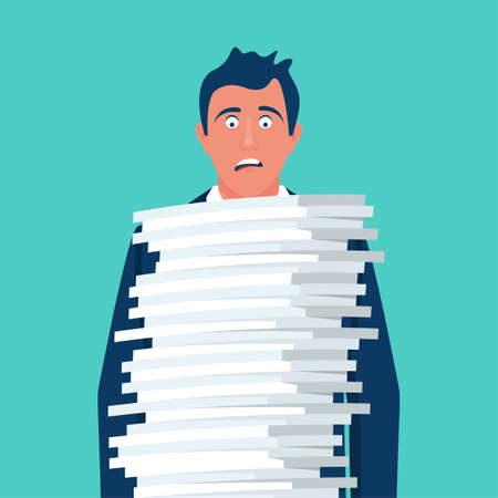 A lot of work. A man with a funny emotion on the face stands in front of a big bunch of paperwork. Vector illustration flat design. Isolated on white background.のイラスト素材