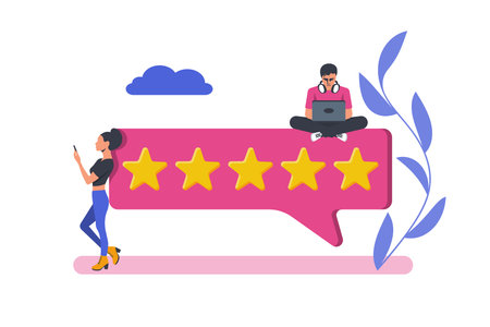 Rating concept. People characters giving five star feedback. Customer review. Reviews stars....