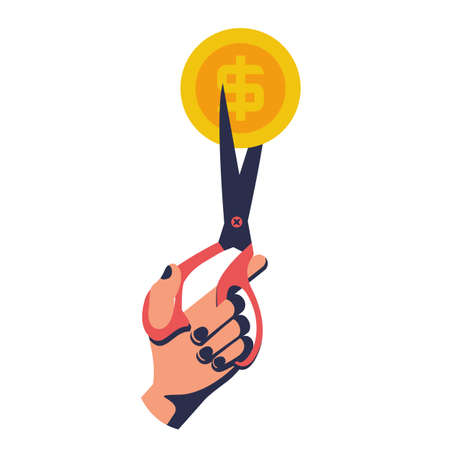 Cutting money, scissors in hands men, cutting dollar coin. Cost reduction. Half price. Vector illustration flat design. Isolated on background. Bill for two. Big discount.のイラスト素材