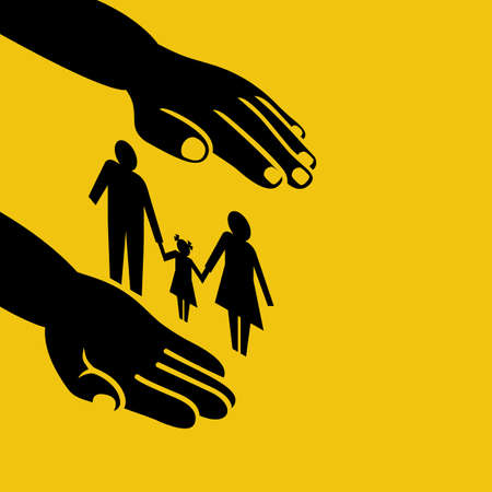 Family protection 3d style. Insurance concept. Insurance agent hold in hand family symbol. Vector illustration isometric design. Isolated on background. Health care, safety. Paper chain people.のイラスト素材