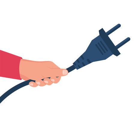 Electric power plug holding in hand. Unplug, plugged. Vector illustration flat design. Connecting...
