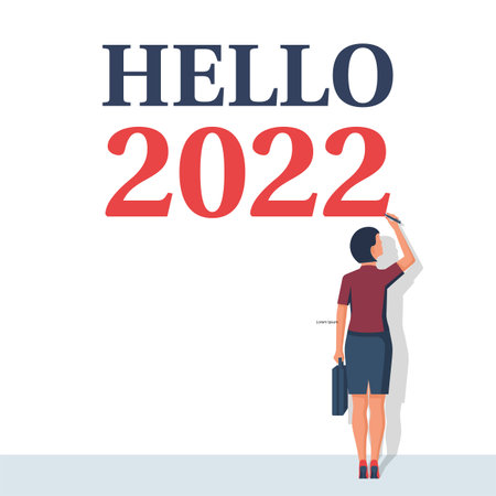 Hello 2022. Woman draws on wall. Vector illustration flat design. Isolated on white background. Happy New Year 2022.のイラスト素材