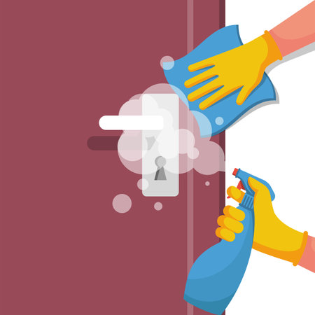 Close-up disinfection of door handles. Napkin in hand. Spraying disinfectant alcohol to handle of a door. Vector illustration flat design. Prevention concept.のイラスト素材