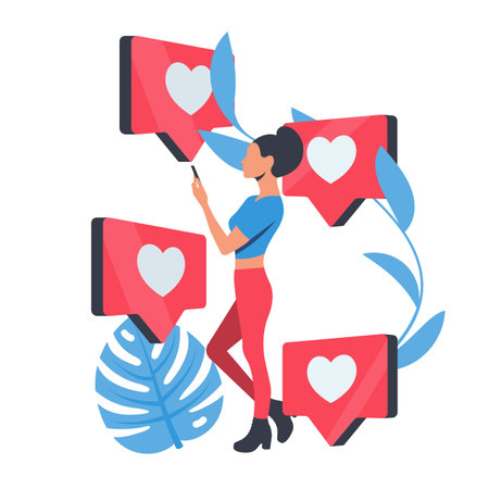 Like concept. Girl with smartphone on web. Modern young people online. Vector illustration flat design. Isolated on white background. Internet blog. Social media. Many positive feedback.のイラスト素材