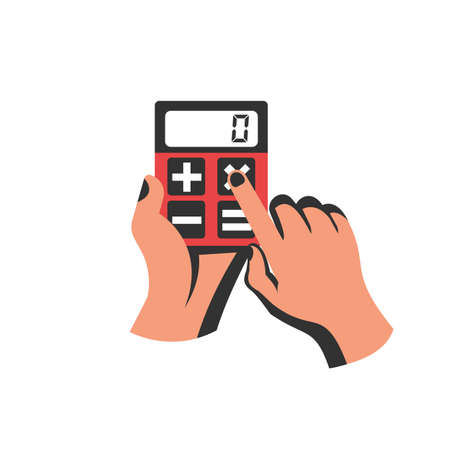 Businessman holding calculator. Making accounting. Financial operations concept. Isolated hand with calculator. Financial planning. Vector illustration flat style.のイラスト素材