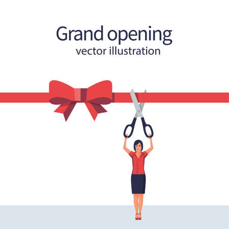 Woman is hold big scissors cutting red ribbon. Isolated on white background. Grand opening concept. Vector illustration flat design. Template ceremony, celebration, presentation and event.のイラスト素材