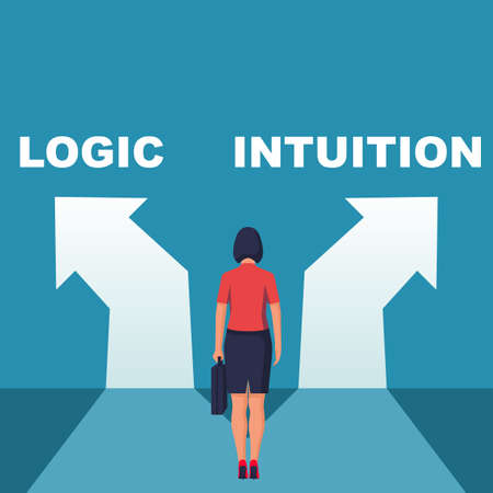 Intuition or logic. Choice way concept. Decision business metaphor. Vector flat style design. Isolated on background. Businesswoman before choosing. Crossroads arrows. Decide direction.のイラスト素材