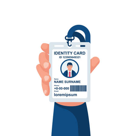 Male businessman show identification card in hand. With permit. ID Card icon. Vector illustration, flat design style. Personal identification. Access control. Sign id card. Personal document in hand.のイラスト素材