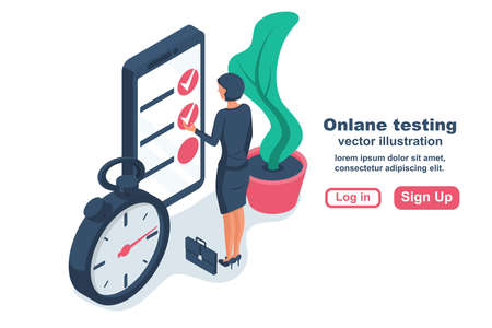 Online test. Woman on the smartphone is testing. Online form survey, questionnaire. Choosing answer. Landing page web learning. Vector illustration isometric design. Isolated on white background.のイラスト素材