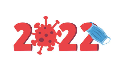 2022 covid. Happy New Year 2022. Vector illustration. Isolated on white background. Coronavirus bacterium with numbers. Quarantine and medical mask.のイラスト素材