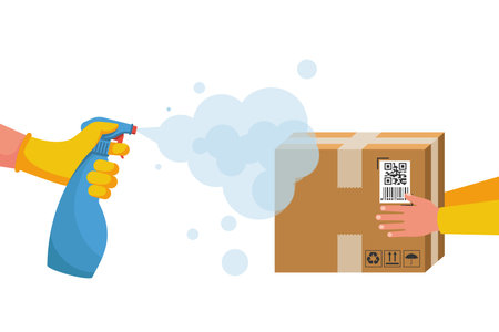 Delivery disinfection. Vector illustration flat design. Cleaner in the hand. Prevention concept. Package in the courier hands. Disinfection and cleaning.のイラスト素材