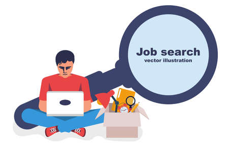 Businessman with laptops on the Internet looking for work. Job search, view ads. Vector illustration flat design. Isolated on white background. Business people.のイラスト素材