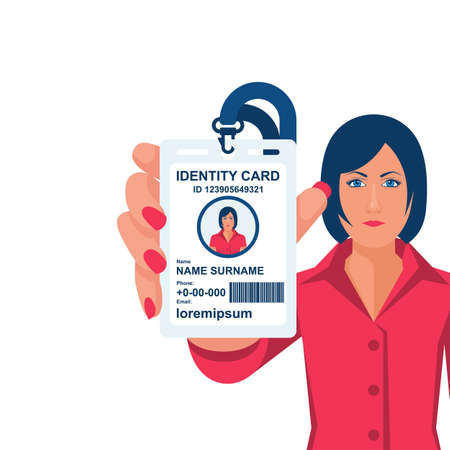 Businesswoman show identification card in hand. With permit. ID Card icon. Vector illustration, flat design style. Personal identification. Access control. Sign id card. Personal document in hand.のイラスト素材