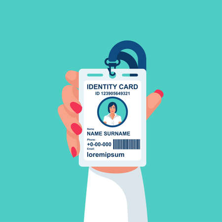 Businesswoman show identification card in hand. With permit. ID Card icon. Vector illustration, flat design style. Personal identification. Access control. Sign id card. Personal document in hand.のイラスト素材