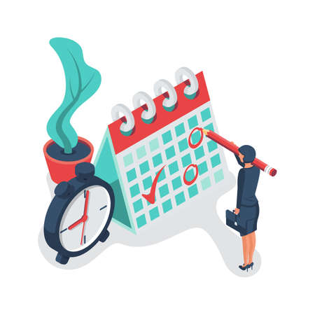 Time planning concept. Businesswoman is planning a job. Strategist development. Deadline for the project. Time management. Vector illustration isometric 3d design. Isolated on white background.のイラスト素材