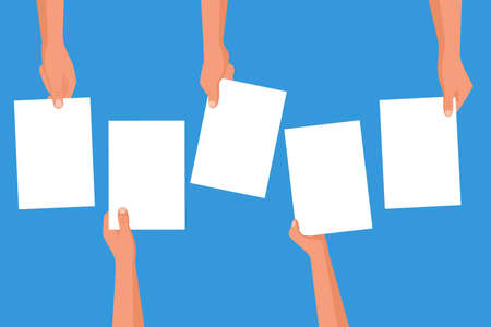Paper in hand. Set of sheets of clean paper. Template for web design and print. Hand gestures with place for text. Vector illustration flat design. Isolated on white background.のイラスト素材