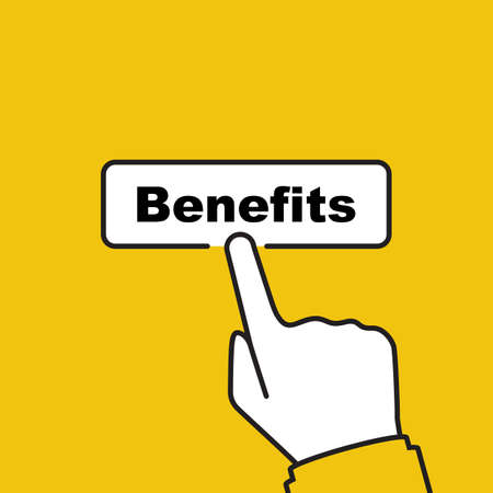 Benefit concept. Man presses a button bentfits. Vector illustration, minimal line design.のイラスト素材