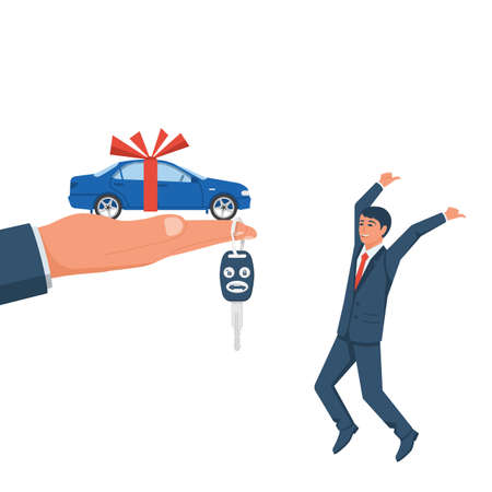Car gift concept. Happy man takes gift. Man holding in hand on palm auto with red ribbon. Vector illustration flat design. Best offer cars for sale, rent, template. Presentation, show vehicle.のイラスト素材