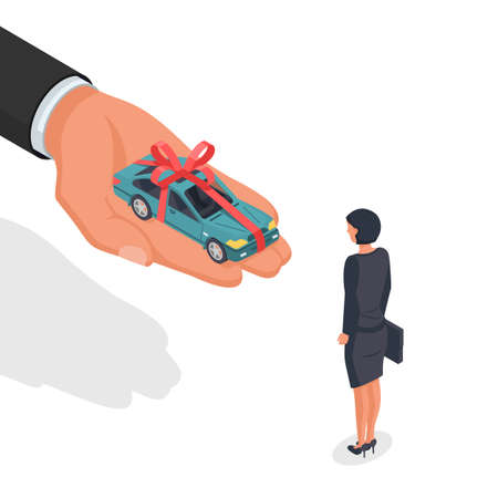 Car gift concept. Woman takes a gift. Man holding in hand car with a red ribbon and a bow. Vector illustration isometric 3d design. Offer for sale, rent.のイラスト素材