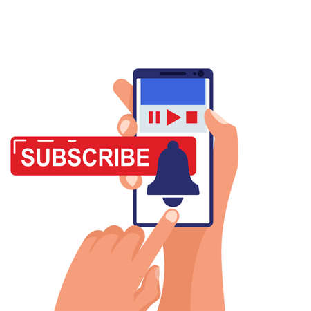 Subscribe button. Man on the phone clicks the Subscribe button. Content web. Vector illustration flat design. Isolated on white background. The bell as a reminder symbol behind the subscriber.のイラスト素材