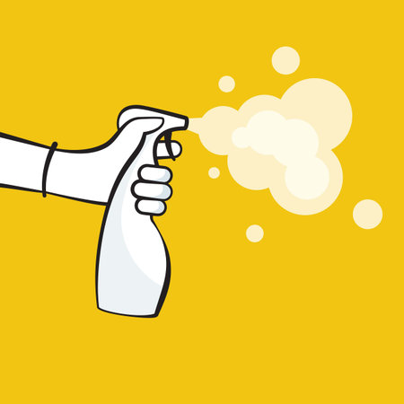 Man in gloves holds a bottle of antiseptic spray. Antibacterial flask kills bacteria. Disinfectant...
