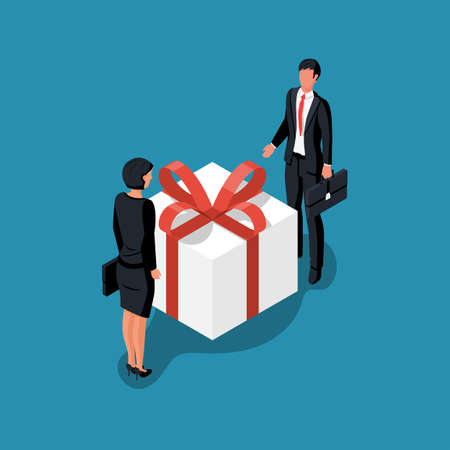 Man gives a gift to a beautiful woman. Gift box with red ribbon and bow. Vector illustration isometric design. Isolated on white background.のイラスト素材