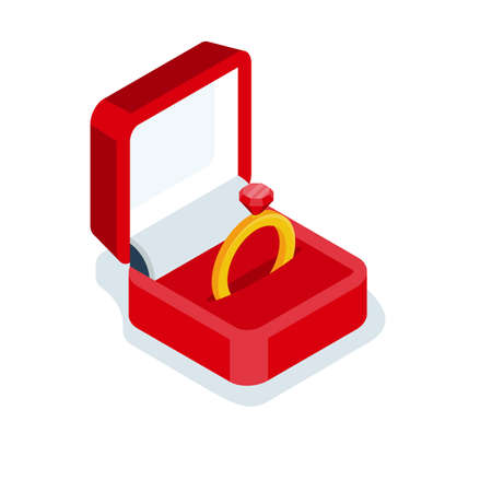 Wedding ring in the box. Vector illustration isometric 3d design. Isolated on white background. Proposal marriage cartoon style. Wedding ring and diamond. Red box.のイラスト素材