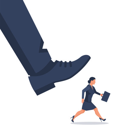 Risk management concept. Businesswoman runs away from a big leg. Trampling businessman. Vector illustration flat design. Isolated on white background. Giant foot leader.のイラスト素材