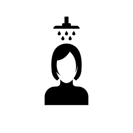 The woman washes her hair. Black silhouette of a woman. Hair on ones head. Personal hygiene. Water drops fall on the body. Vector illustration flat design. Isolated on white background.のイラスト素材