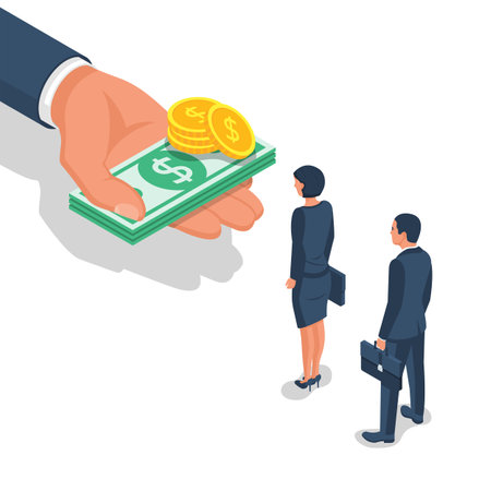Salary time concept. Boss holding money in hand. Workers man and woman stand in line. Employer and staff. Vector illustration isometric design. Isolated on background.のイラスト素材