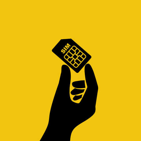 Black icon sim card in hand. Human holding sim card. Vector illustration flat design. Isolated on background. Mobile element.のイラスト素材