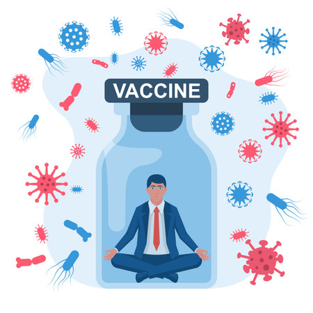 A protected man in a lotus pose is sitting in a safe place. Vaccine coronavirus concept. Medicine in bottle. Injection from viruses COVID-19. Vector flat cartoon design.のイラスト素材
