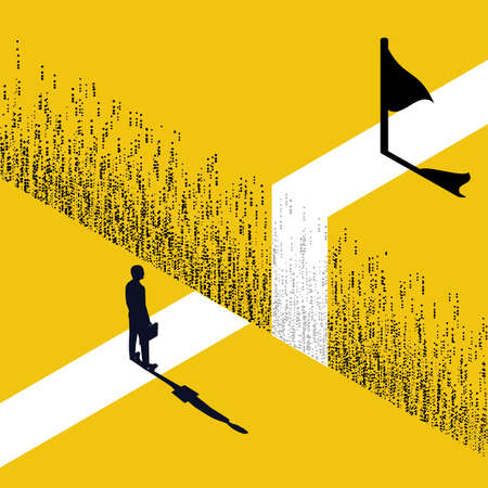 Businessman obstacle metaphor. Conquering adversity. Hurdle on way concept. Overcoming obstacle on road. Vector illustration 3d isometric design. Barrier on way to success. Flag to finish finish line.のイラスト素材