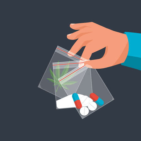 Drug Trade. Drug deal. The dealer holds the dose in package. Tablets, cocaine and marijuana. Abuse and addiction. Vector illustration flat design. Isolated on background.のイラスト素材