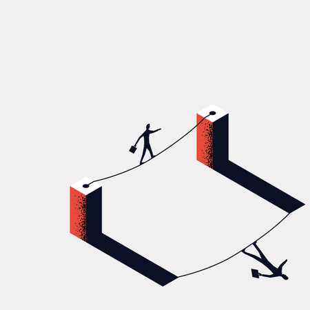 Business risk rope. Businessman walking on tightrope gap in rocks. Way to success. Obstacle on road. Vector flat design. Isolated on white background. Success in business concept.のイラスト素材