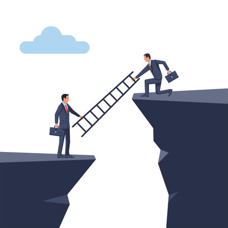 Businessman helps employee rises up. Staircase to overcome obfservae. To give help man, metaphor. Vector illustration flat design. Isolated on white background. People in suit with briefcase.のイラスト素材