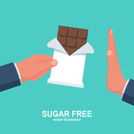 Refuse chocolate. Sugar free. Human gesture hand refuses to sweet. No sugar. Harmful product. Healthy lifestyle. Vector illustration flat design. Isolated on white background.のイラスト素材