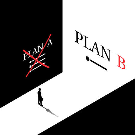Plan A failed go to B. Passes to second plan. Vector illustration isometric 3d black minimal design. Isolated on background. Success solution. Alternative idea.のイラスト素材