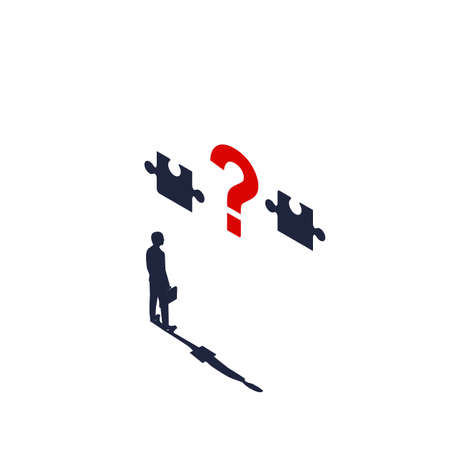 Task concept. Businessman faces a difficult task. Connect the two puzzles. Vector illustration flat line design. Isolated on white background. Problem solving. Overcoming obstacles.のイラスト素材
