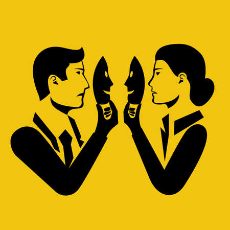 Black icon hypocrisy concept. Lying mask hide real emotion. Vector illustration flat design. Isolated on white background. Man and woman with masquerade mask on face.のイラスト素材