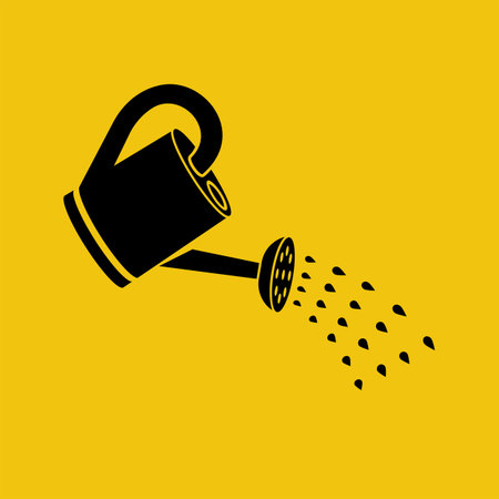 Black icon watering can. Watering sign. Vector Illustration flat design. Drops of water falling. Isolated on yellow background.のイラスト素材