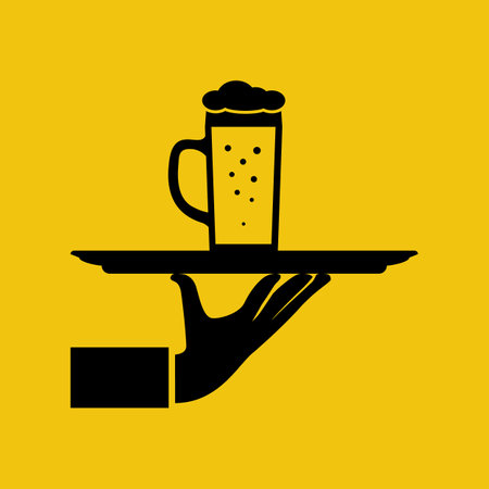 Black silhouette beer on a tray. Glass of beer man holding in hand. Mug in hand isolated in flat background. Waiter makes flow of alcohol. Vector illustration. Light alcoholic drink, cool foam.のイラスト素材