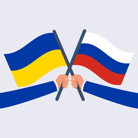 Russia vs Ukraine. Two flags will cross. Correct proportion. Trade war crisis. Banner, presentation. Vector illustration flat design. Isolated on white background.のイラスト素材
