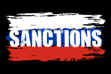 Sanctions russia. Political pressure. Grunge text on flag brush. Template for design. Trade restriction and economic restrictions. Financial ban. Vector illustration flat design. Bblack background.のイラスト素材