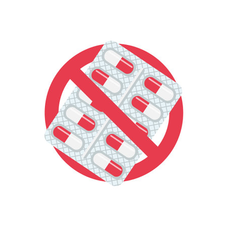 No pills red sign. Medicines, tablets, syringe. The symbol of the ban and abandonment of drugs. Vector illustration flat design. Isolated on white background.のイラスト素材