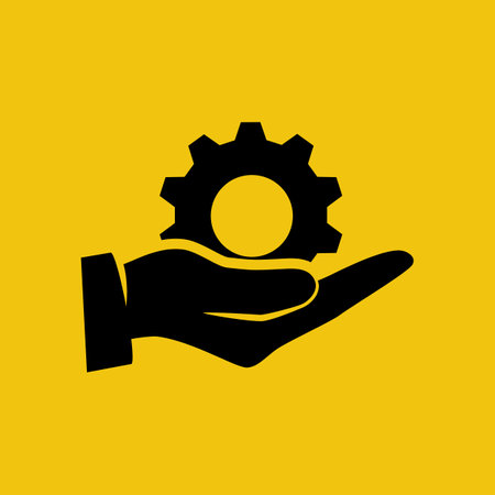 Help and support icon. Simple glyph style for web template and app. Call center, assist, service. gear in hand. Vector illustration flat design. isolated on white background.のイラスト素材